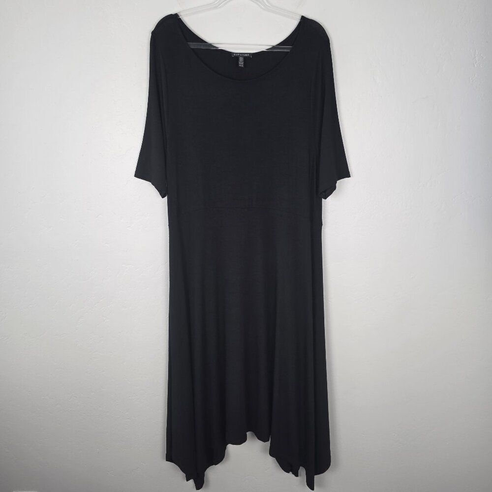 Eileen Fisher Viscose Jersey Midi Dress Stretch Asymmetrical Hem Black Size XL